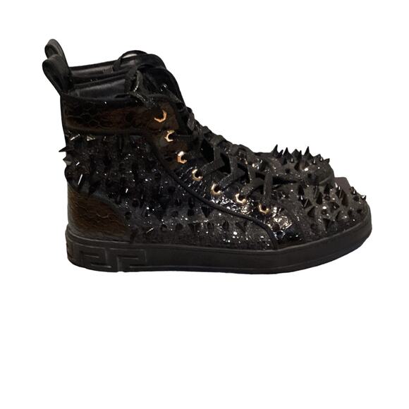 FI-2369 Black Glitter Black Spikes Lace up High top Sneaker Encore by Fiesso main image 5